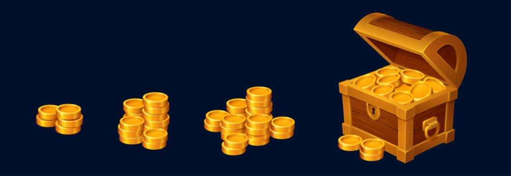 Game loot set of golden coins and treasure chests with magic glow. Cartoon vector icons for casino ui design. Pirate trove box with bonus rewards, money stacks and prize elements for fantasy interface
