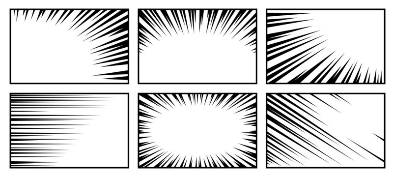Manga zoom effect with dynamic comic lines and radial burst background. Speed action template with explosive rays and cartoon motion elements for book layouts and anime graphic designs.