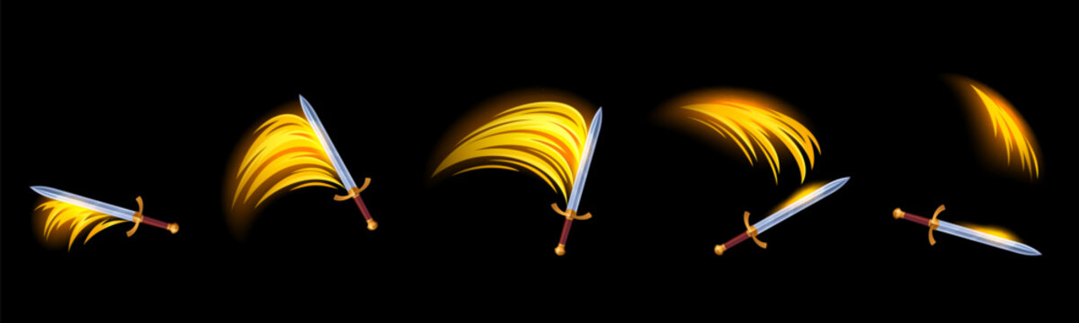 Sword combat animations with dynamic slash trails and knife attacks for video games. Yellow fx sprites of magic light effects, punch impacts and powerful blade swings for cartoon warrior battle.
