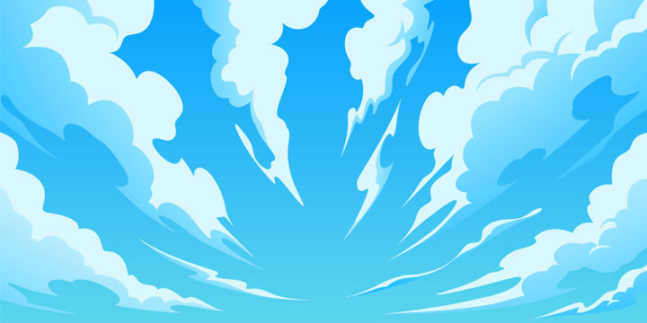 Manga sky background with dramatic clouds and anime style blue atmosphere. Vector cartoon illustration with dynamic cumulonimbus formations, speed effect and summer vibes for comic book or game design