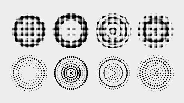 Circle ripple dot pattern with concentric wave lines and radial halftone effect. Abstract vector graphic of circular geometric shapes, spiral swirls and pulsing energy motion for modern design