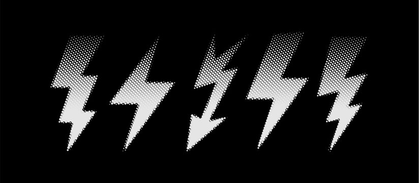 Thunder bolt icon with halftone texture and grunge lightning effect. Striking thunderbolt element in rough comic style, electric energy flash design. Bold vector arrow shape with retro dots pattern