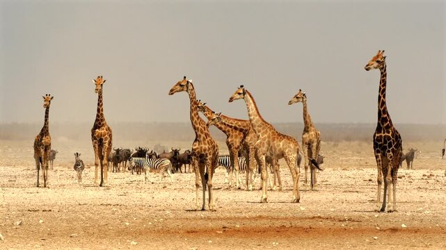 10 giraffes, Giraffa camelopardalis, together with gnus und zebras gathering close to desert         			waterhole 395   
