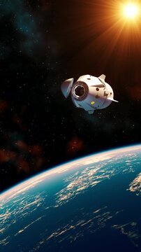 Private Spacecraft Opens Docking Hatch In The Rays Of Sun. 3D Animation. 4K.
