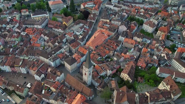Aerial panoramic view above the old town around the city Chur in Switzerland on a sunny summer afternoon. 
