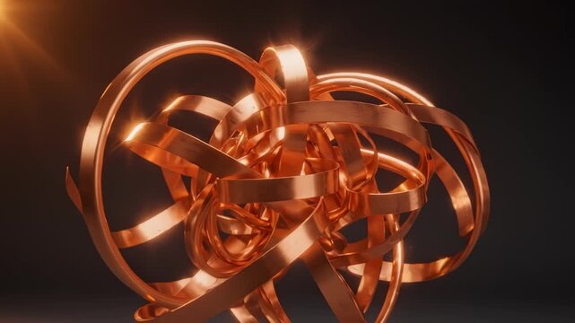 Abstract copper ribbons swirling in fluid motion against a dark background, elegant metallic gold light reflections in a dynamic 3D animation loop for sophisticated luxury motion graphics design.