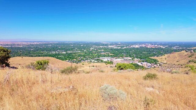 Scenic aerial view of downtown Boise skyline seen from the Table Rock sandstone bluff in Idaho