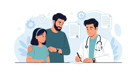 Fototapeta premium Doctor Consults with Father and Daughter, Writing Prescription - Modern Flat Illustration