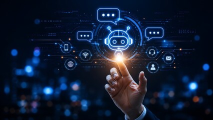 Fototapeta premium Businessman hand touching virtual interface featuring chatbot icon for customer support.