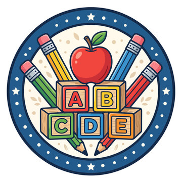 Colorful school education emblem featuring alphabet blocks and pencils with an apple
