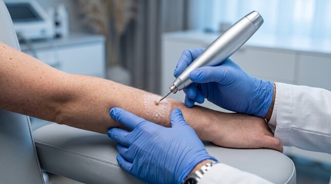 Dermatologist treating raised mole on forearm with handheld cautery device in clinic