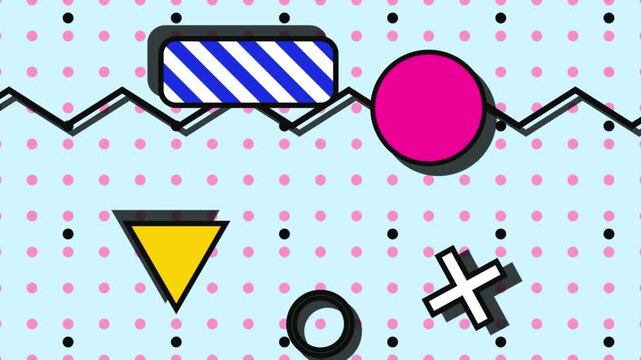 Retro 80s 90s Memphis style abstract geometric background animation with moving colorful shapes