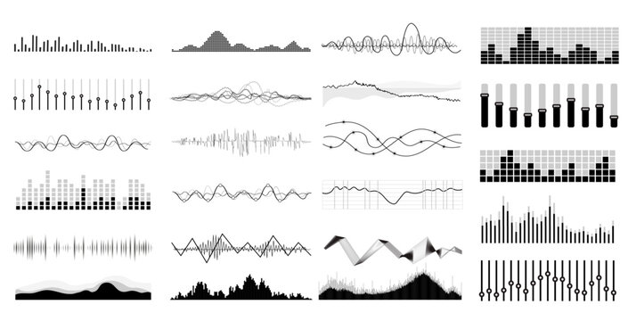 Vector set music equalizer, sound waves set. Audio digital equalizer technology, console panel, pulse musical. Audio wave music animation. 