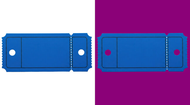A single rectangular blue paper raffle ticket with a perforated edge and circular holes isolated on a white background, for event entry use isolated on a transparent background