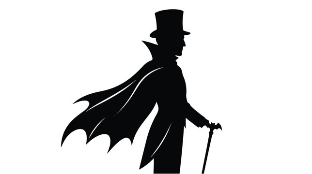 Vampire silhouette in top hat and cape, gothic dracula character with walking stick, mysterious victorian gentleman vector illustration