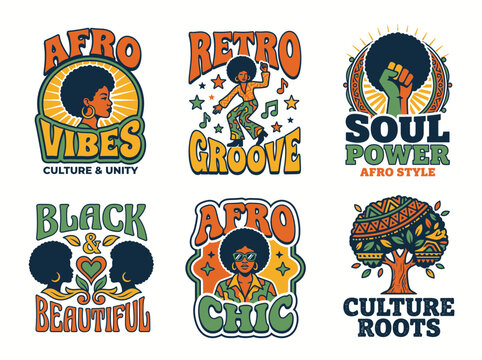 Set of afrocentric retro style badges and emblems with vintage typography