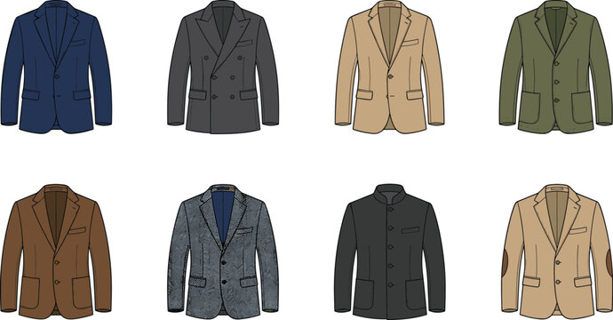 Collection of men classic blazers and formal suit jackets business fashion vector illustration set