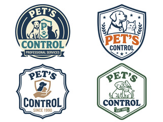 Naklejka premium Set of pet control logos with dog, cat and bird illustrations