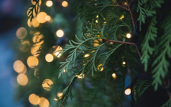 Festive Evergreen Branches Decorated with Glowing Warm Fairy Lights for Holiday Celebration