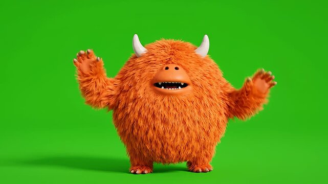Funny orange monster character waving, isolated on green screen for animation and creative projects.