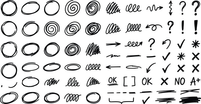 School correction icons and abstract sketchy manuscript editing marks vector collection, questionnaire symbols, curly line doodles set, proofreading editorial elements