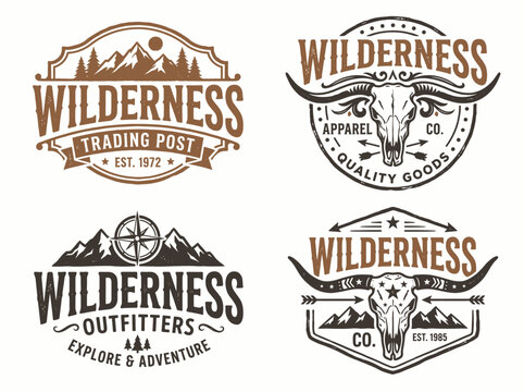 Set of vintage wilderness and adventure emblems, badges and logos
