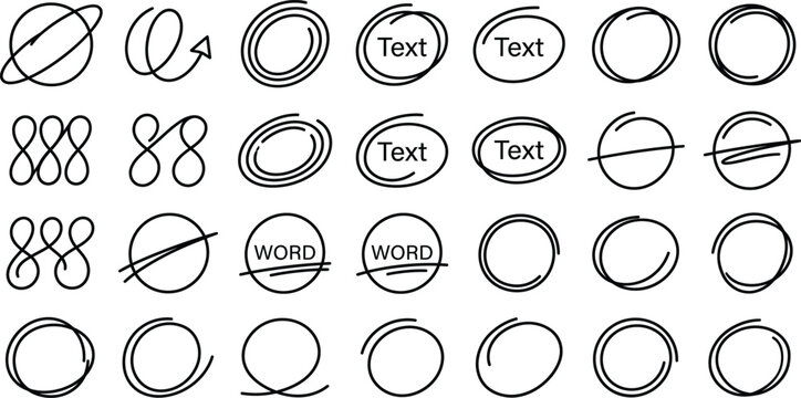 Hand drawn circle frames with text placeholders vector set, minimalist monoline ovals, correction marks, abstract round doodle borders, sketch labels