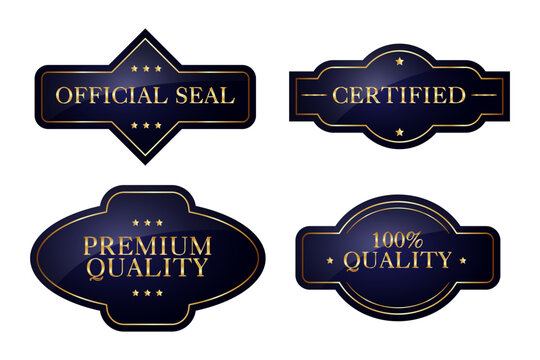 Luxury gold label collection with official seal, certified, premium quality and 100% quality badges. Elegant blue and gold emblems for branding, packaging, certificates and luxury products.