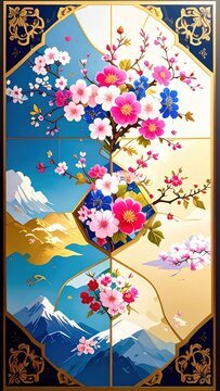Composizione geometrica tradizionale con fiori di ciliegio, camelie e montagne innevate in stile giapponese