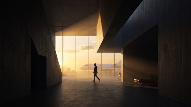 Businessman Walking Toward Airplane at Sunset