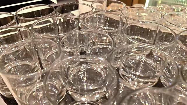 Clean drinking glasses on a bar counter, Banquet Pub Countertop, Clear Glassware, Dining Event Service, Restaurant Hospitality, Panning Shot, Closeup, Slow Motion