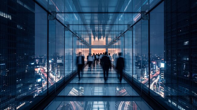 Business Professionals Walking Through Modern Glass Corridor at Sunset