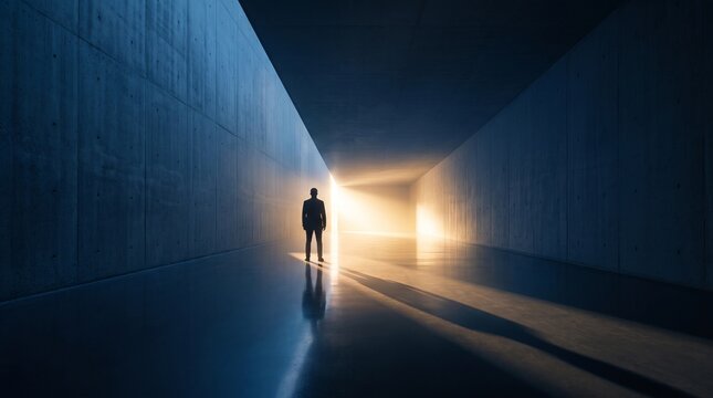 Businessman Walking Toward Light in Concrete Corridor