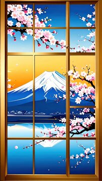 Monte Fuji e rami di ciliegio in fiore visti attraverso una finestra in stile giapponese