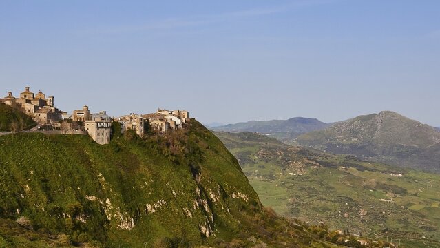 Polizzi Generosa, village in the national park, situated on green hill, green plain, Madonie National Park, Sicily, Italy