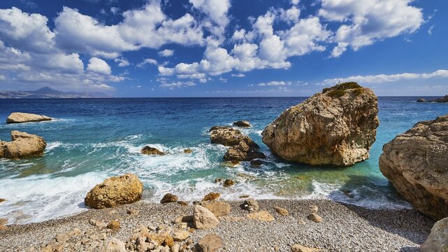 Stony beach with large rocks and gentle waves under a blue sky, Kato Lakkos Beach, still almost unspoilt bay, not accessible by car, Kato Lakkos, east coast, Karpathos, Dodecanese, Greek Islands, Greece