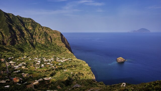 Pollara Bay, Salina Island, Small Village on a Cliff, Surrounded by Mountains, Overlooking the Sea, UNESCO World Heritage Site, Aeolian Islands, Aeolian Islands, Sicily, Italy