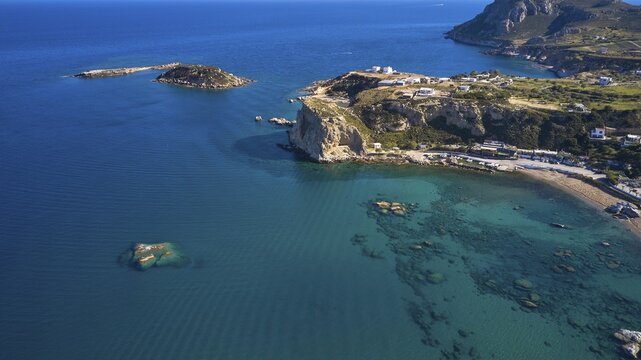 Aerial view of a blue sea with visible cliffs and islands, Stegna Beach, Stegna viewpoint, Stegna, east coast, Rhodes, Dodecanese, Greek Islands, Greece