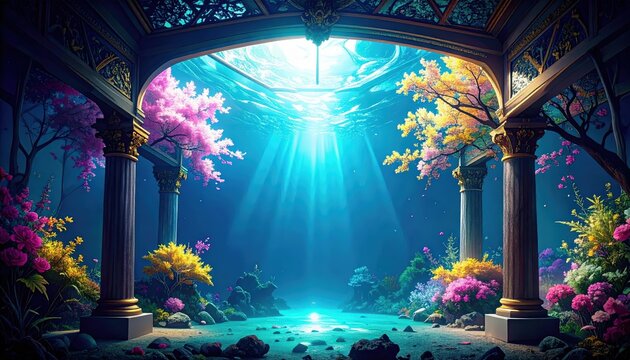 Tempio sottomarino fantasy con colonne antiche, alberi colorati e raggi di luce subacquei