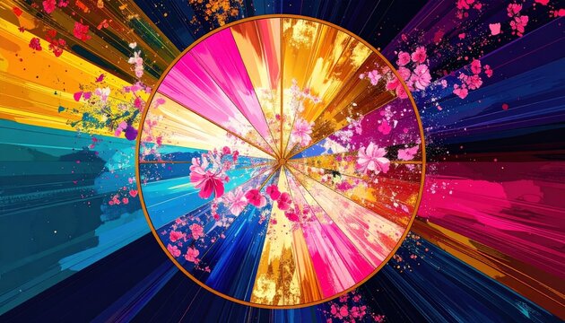 Ruota dei colori e cerchio caleidoscopico astratto con fiori rosa ed effetti esplosivi