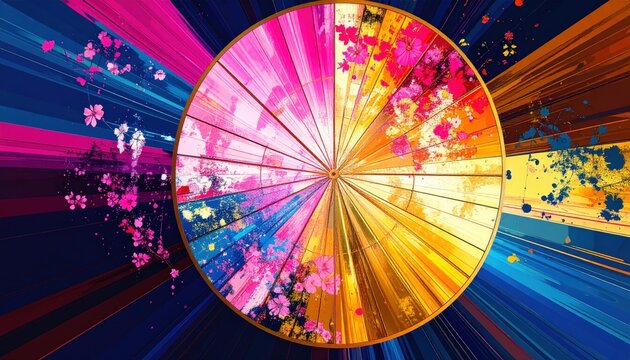 Ruota dei colori e cerchio caleidoscopico astratto con fiori rosa ed effetti esplosivi