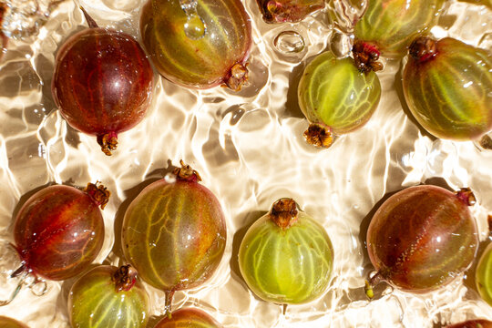 Top view of ripe gooseberries in refreshing water with ripples
