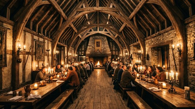 Traditional rustic dining hall with exposed wooden beams and stone walls featuring people gathering around long tables by candlelight