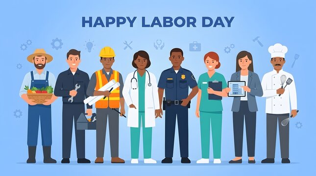 Celebrating labor day diverse workforce illustration featuring farmers builders doctors chefs and essential workers