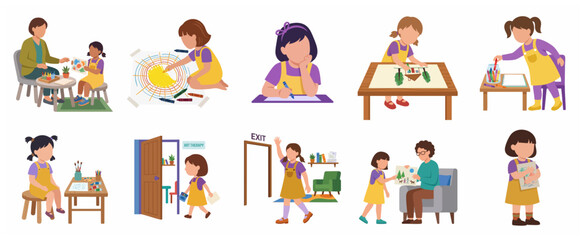 Fototapeta premium Collection of children in art therapy sessions, drawing and painting for mental health and creative development