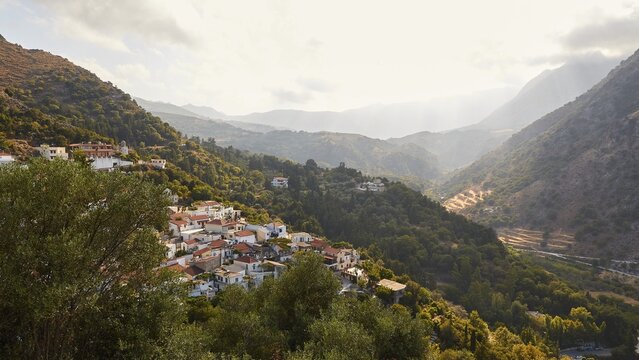 Village, view from above, forest, mountain ranges, Argyroupolis, Lappa, Rethymnon regional district, central Crete, island of Crete, Greece