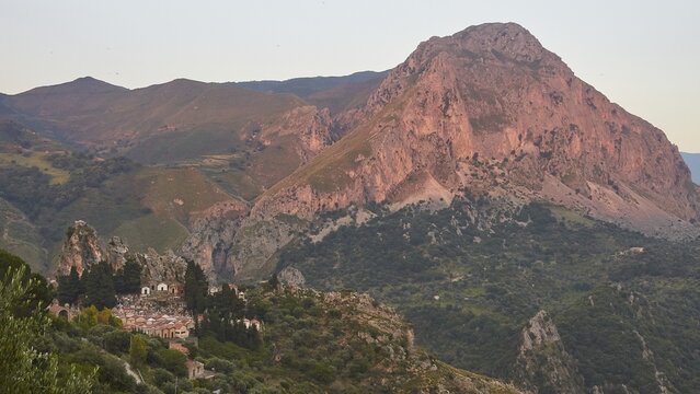 Pink evening light, Cemetery, Mountain, Militello Rosmarino, Village, Nebrodi National Park, Sicily, Italy