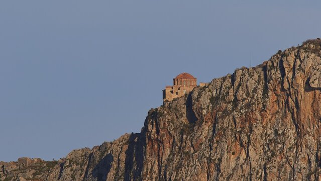 Orhodox church of Hagia Sophia, small chapel on a rocky mountain in the sun, Monemvasia, Monemvassia, Malvasy, Byzantine small town, rocky island, fortress, Laconia, Peloponnese, peninsula, Greece