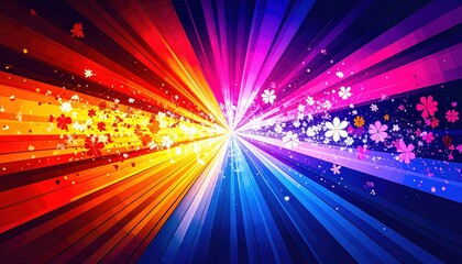 Fototapeta premium Sfondi Astratti Arcobaleno con Ombrelli Giapponesi, Raggi di Luce e Fiori