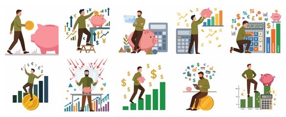 Fototapeta premium Set of financial management and money saving concepts with man, piggy bank and charts